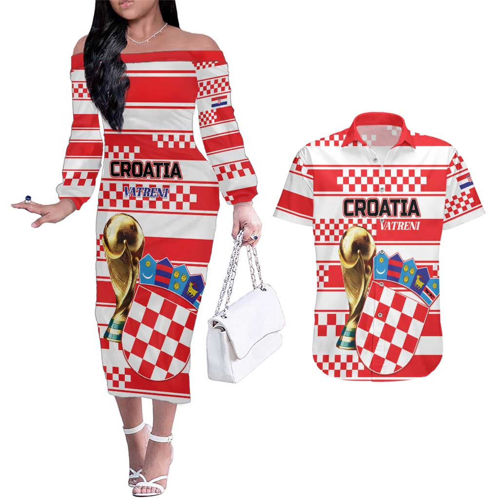 Custom World Football Croatia 2026 Couples Matching Off The Shoulder Long Sleeve Dress and Hawaiian Shirt Vatreni Hrabar Broj - Wonder Print Shop