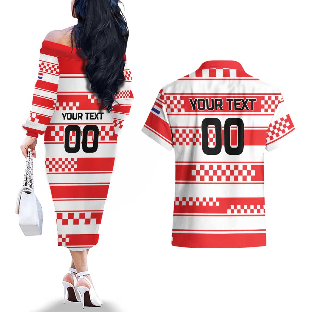 Custom World Football Croatia 2026 Couples Matching Off The Shoulder Long Sleeve Dress and Hawaiian Shirt Vatreni Hrabar Broj - Wonder Print Shop
