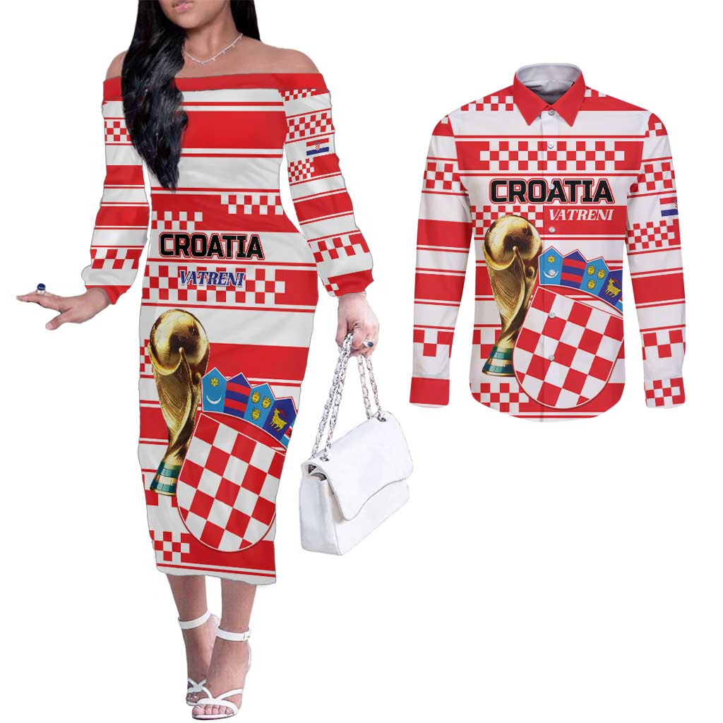 Custom World Football Croatia 2026 Couples Matching Off The Shoulder Long Sleeve Dress and Long Sleeve Button Shirt Vatreni Hrabar Broj - Wonder Print Shop