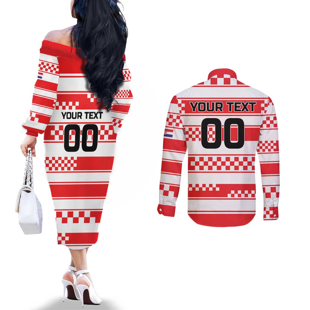 Custom World Football Croatia 2026 Couples Matching Off The Shoulder Long Sleeve Dress and Long Sleeve Button Shirt Vatreni Hrabar Broj - Wonder Print Shop