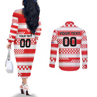 Custom World Football Croatia 2026 Couples Matching Off The Shoulder Long Sleeve Dress and Long Sleeve Button Shirt Vatreni Hrabar Broj - Wonder Print Shop