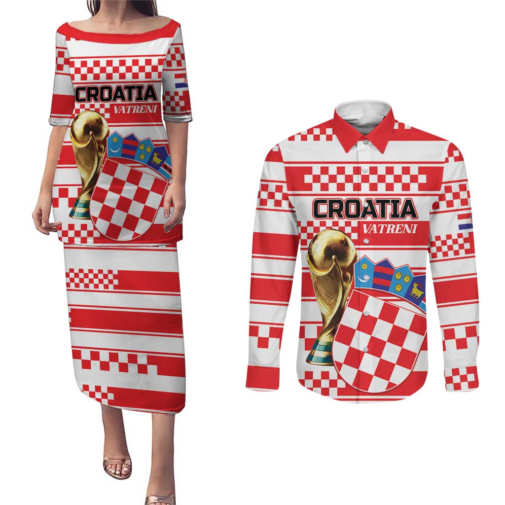 Custom World Football Croatia 2026 Couples Matching Puletasi and Long Sleeve Button Shirt Vatreni Hrabar Broj - Wonder Print Shop