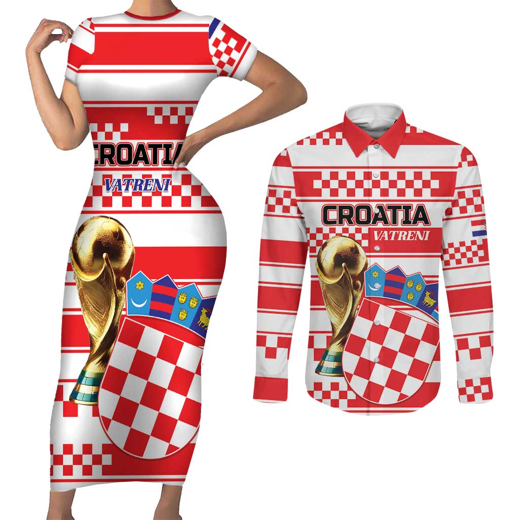 Custom World Football Croatia 2026 Couples Matching Short Sleeve Bodycon Dress and Long Sleeve Button Shirt Vatreni Hrabar Broj - Wonder Print Shop