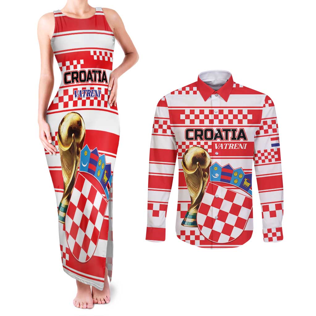 Custom World Football Croatia 2026 Couples Matching Tank Maxi Dress and Long Sleeve Button Shirt Vatreni Hrabar Broj - Wonder Print Shop