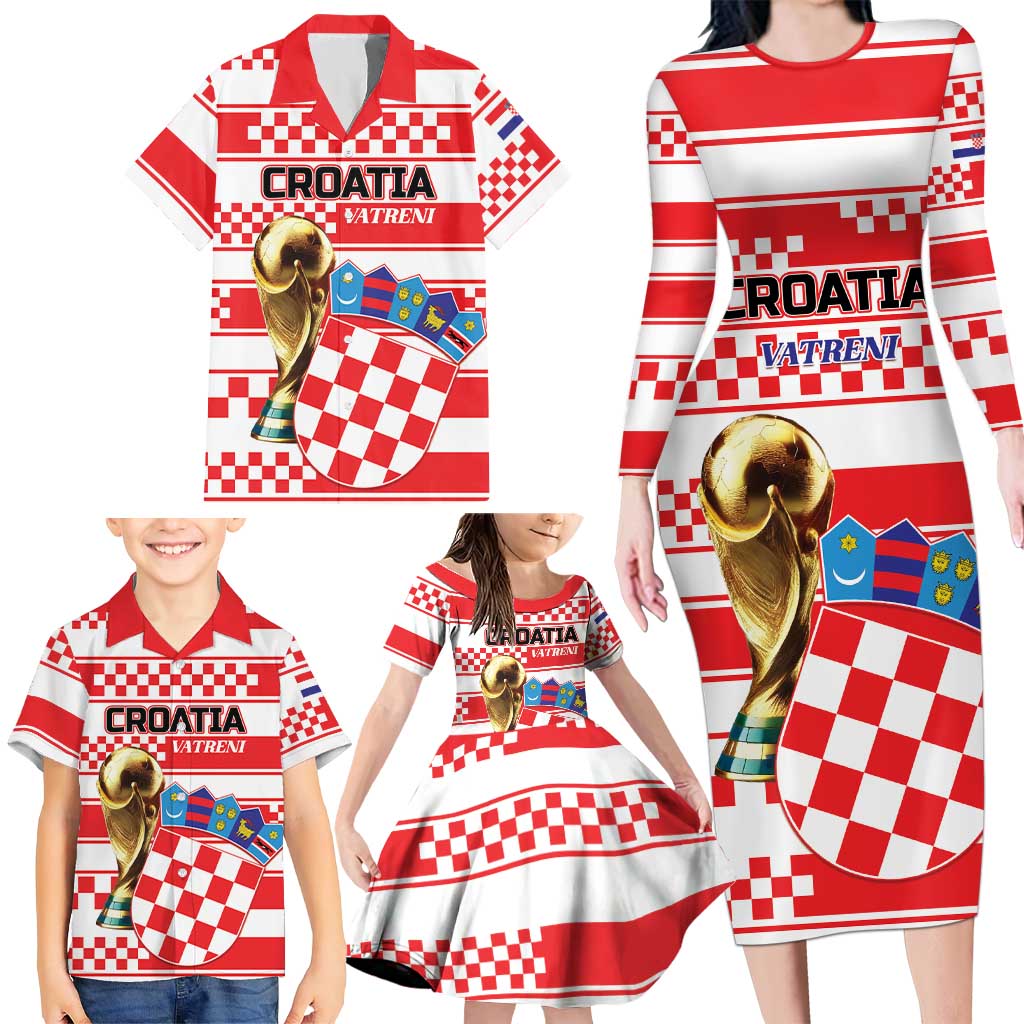 Custom World Football Croatia 2026 Family Matching Long Sleeve Bodycon Dress and Hawaiian Shirt Vatreni Hrabar Broj - Wonder Print Shop