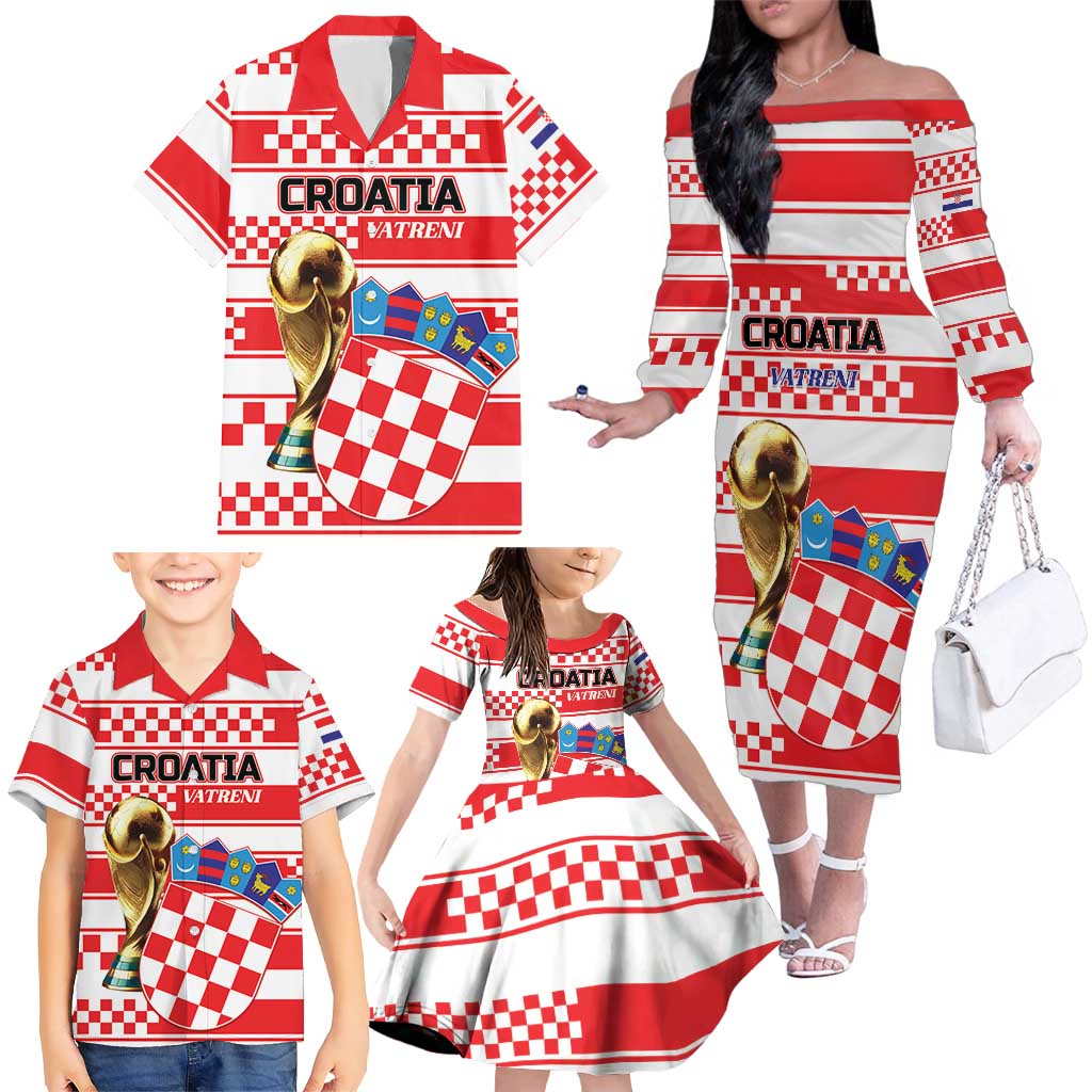 Custom World Football Croatia 2026 Family Matching Off The Shoulder Long Sleeve Dress and Hawaiian Shirt Vatreni Hrabar Broj - Wonder Print Shop