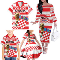 Custom World Football Croatia 2026 Family Matching Off The Shoulder Long Sleeve Dress and Hawaiian Shirt Vatreni Hrabar Broj - Wonder Print Shop