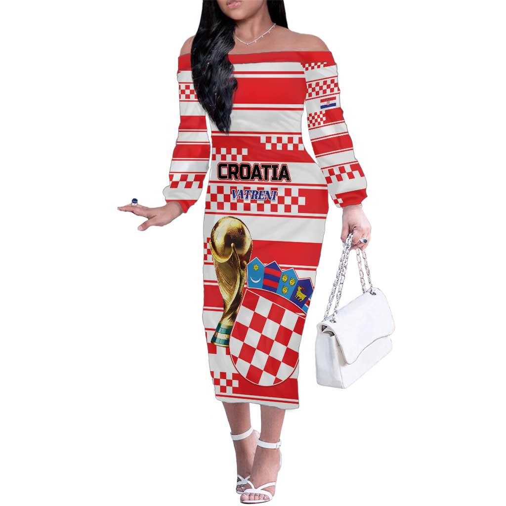 Custom World Football Croatia 2026 Family Matching Off The Shoulder Long Sleeve Dress and Hawaiian Shirt Vatreni Hrabar Broj - Wonder Print Shop