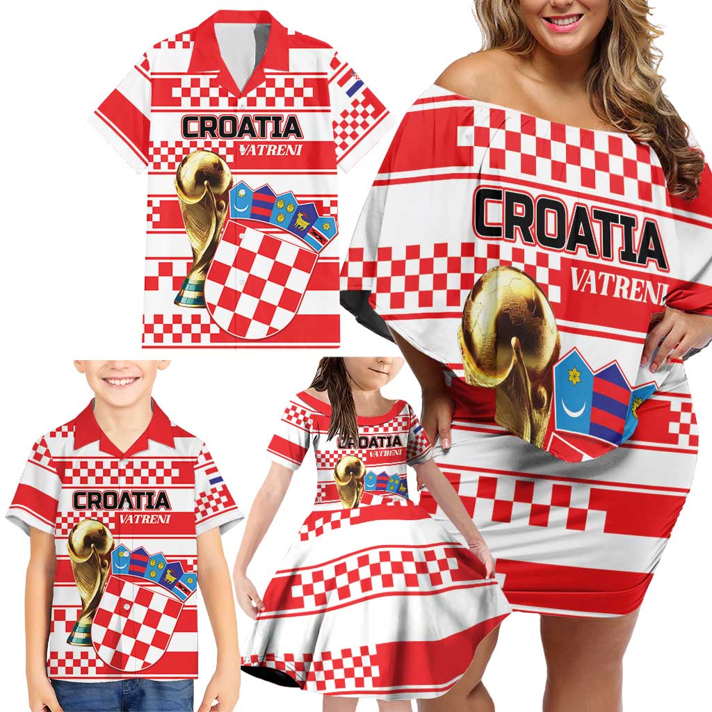 Custom World Football Croatia 2026 Family Matching Off Shoulder Short Dress and Hawaiian Shirt Vatreni Hrabar Broj - Wonder Print Shop