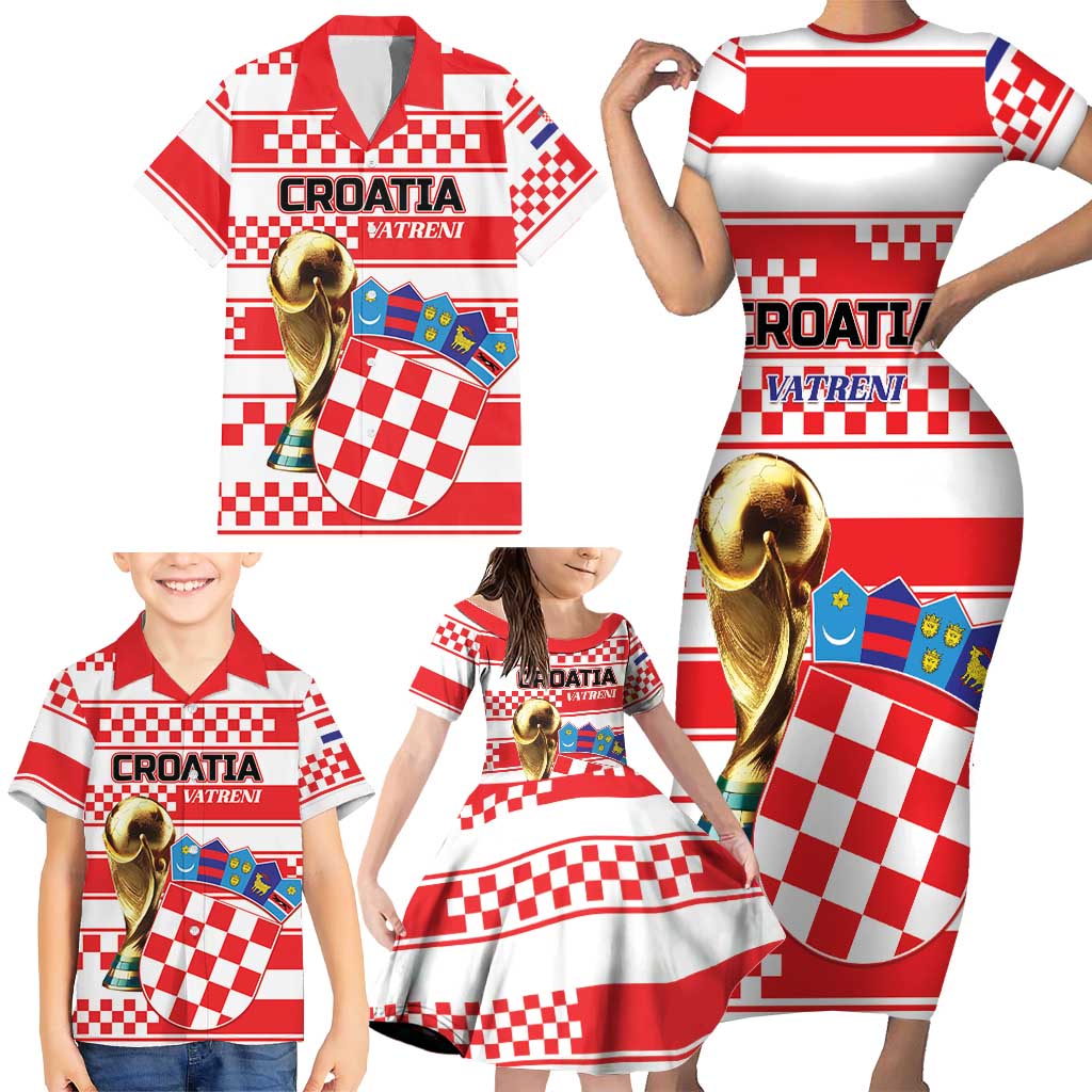Custom World Football Croatia 2026 Family Matching Short Sleeve Bodycon Dress and Hawaiian Shirt Vatreni Hrabar Broj - Wonder Print Shop