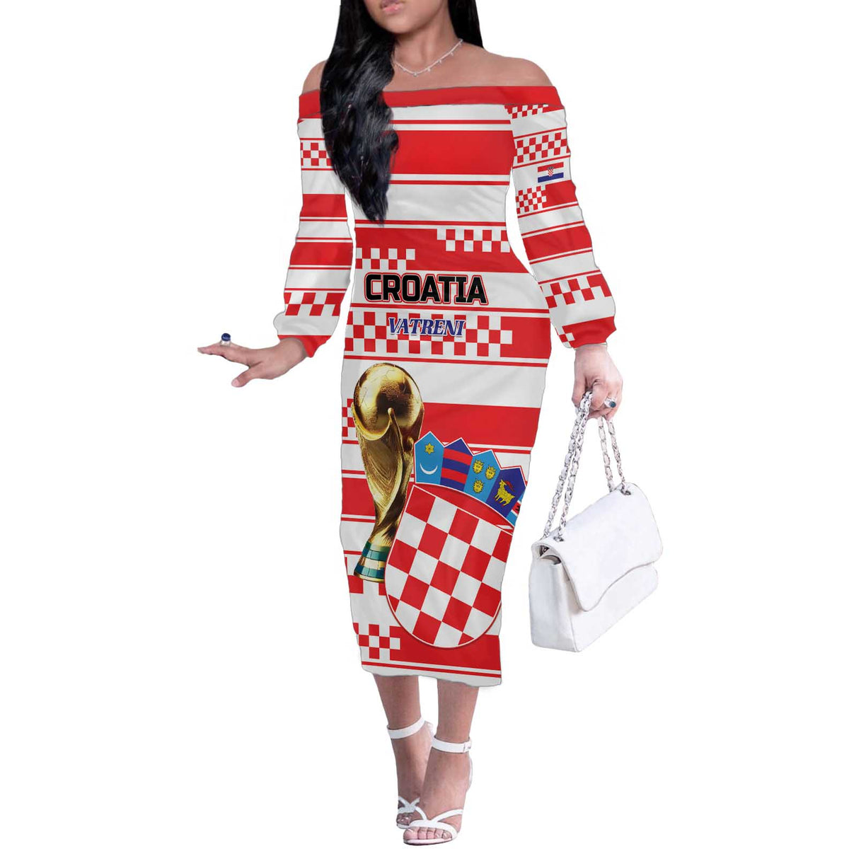 Custom World Football Croatia 2026 Off The Shoulder Long Sleeve Dress Vatreni Hrabar Broj - Wonder Print Shop