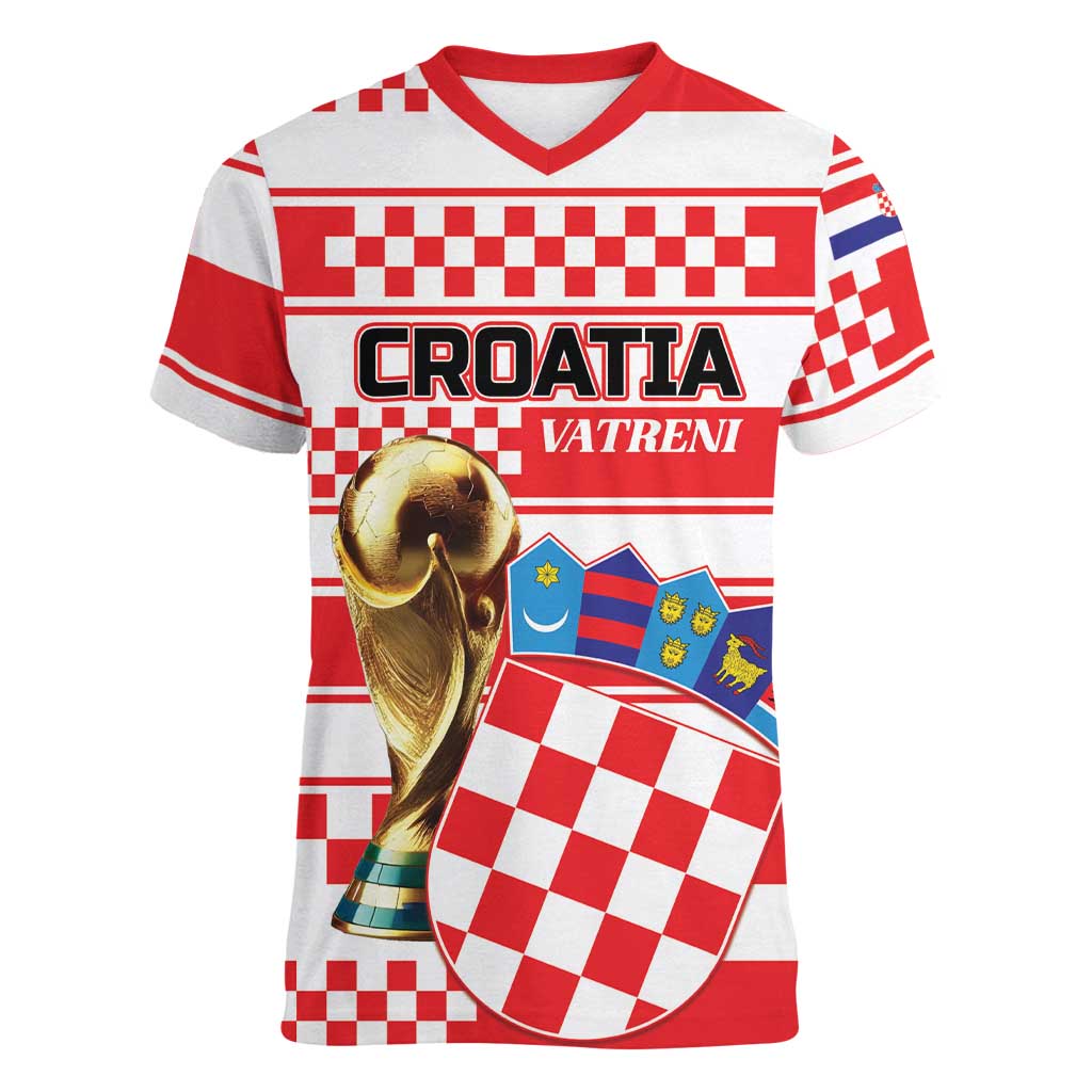Custom World Football Croatia 2026 Women V-Neck T-Shirt Vatreni Hrabar Broj - Wonder Print Shop
