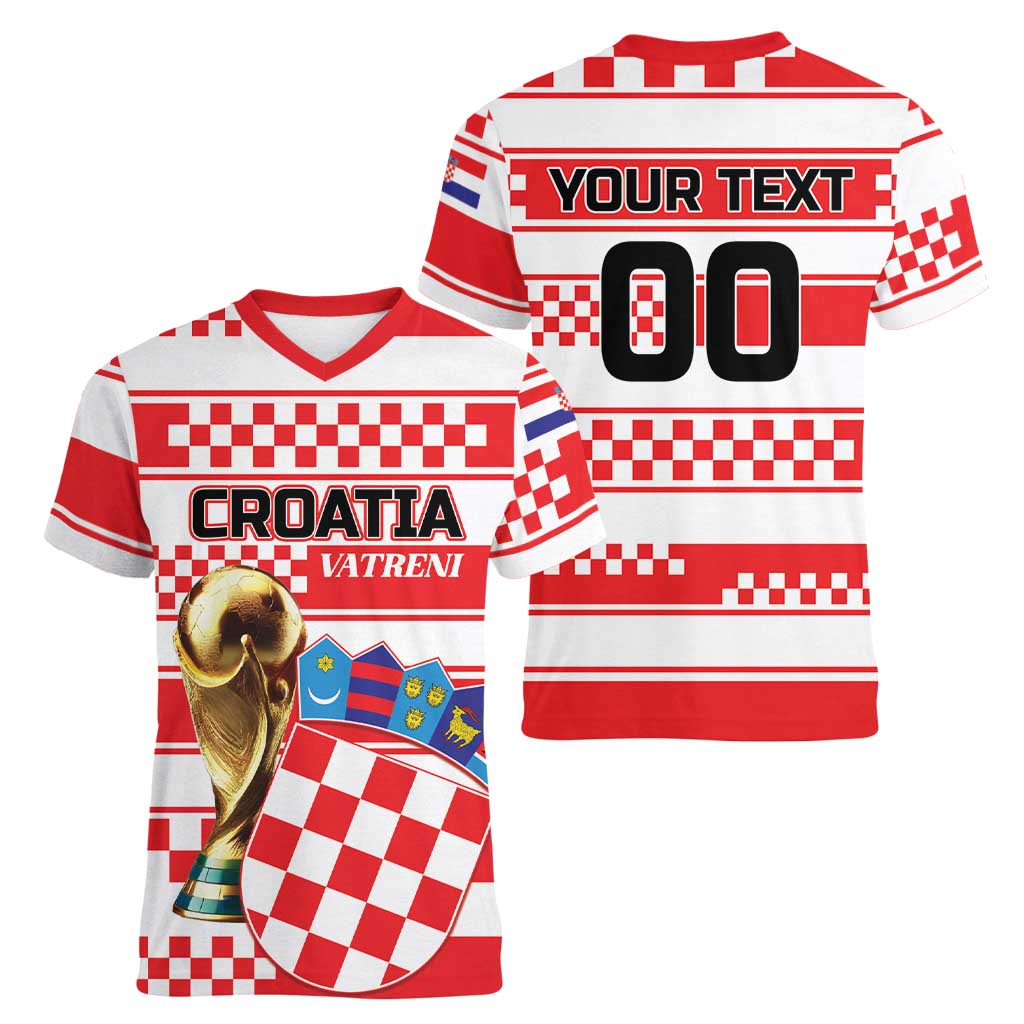 Custom World Football Croatia 2026 Women V-Neck T-Shirt Vatreni Hrabar Broj - Wonder Print Shop
