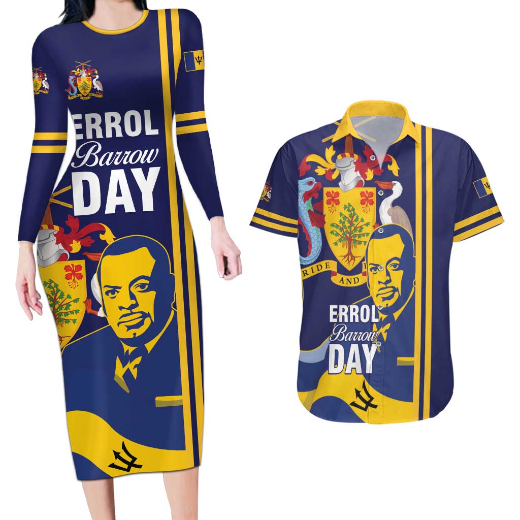 Barbados Errol Barrow Day Couples Matching Long Sleeve Bodycon Dress and Hawaiian Shirt Barbadian Father of Independence