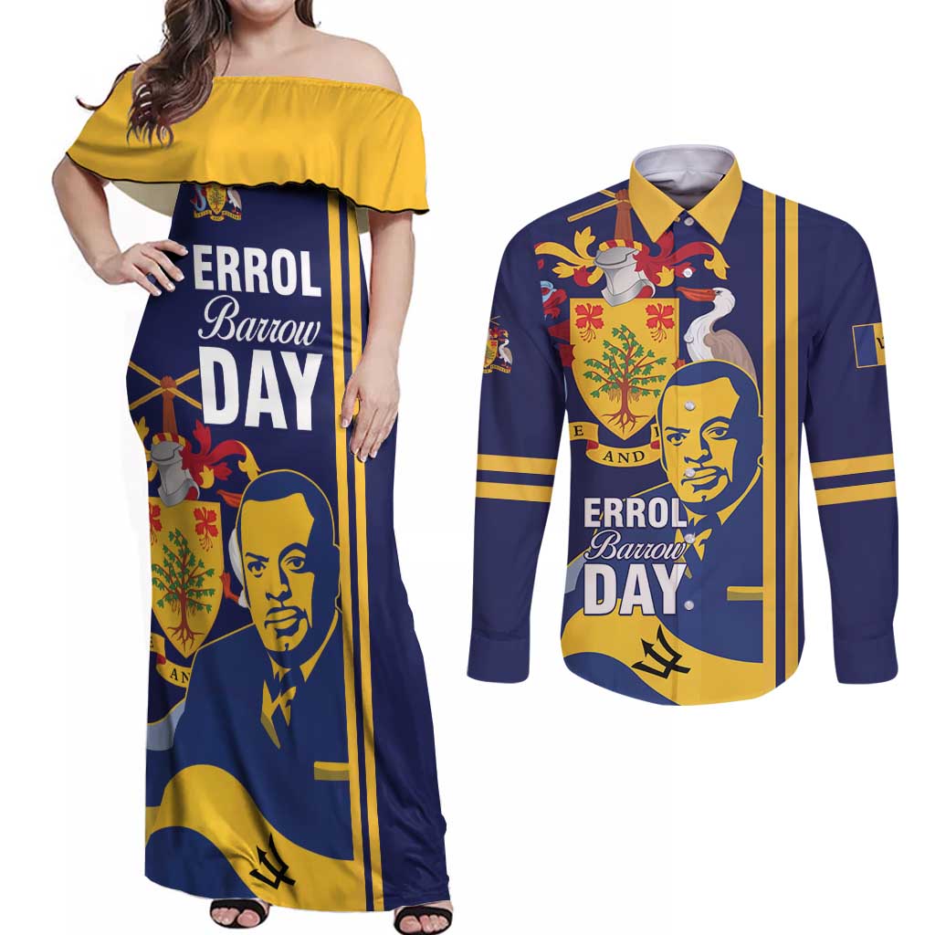 Barbados Errol Barrow Day Couples Matching Off Shoulder Maxi Dress and Long Sleeve Button Shirt Barbadian Father of Independence