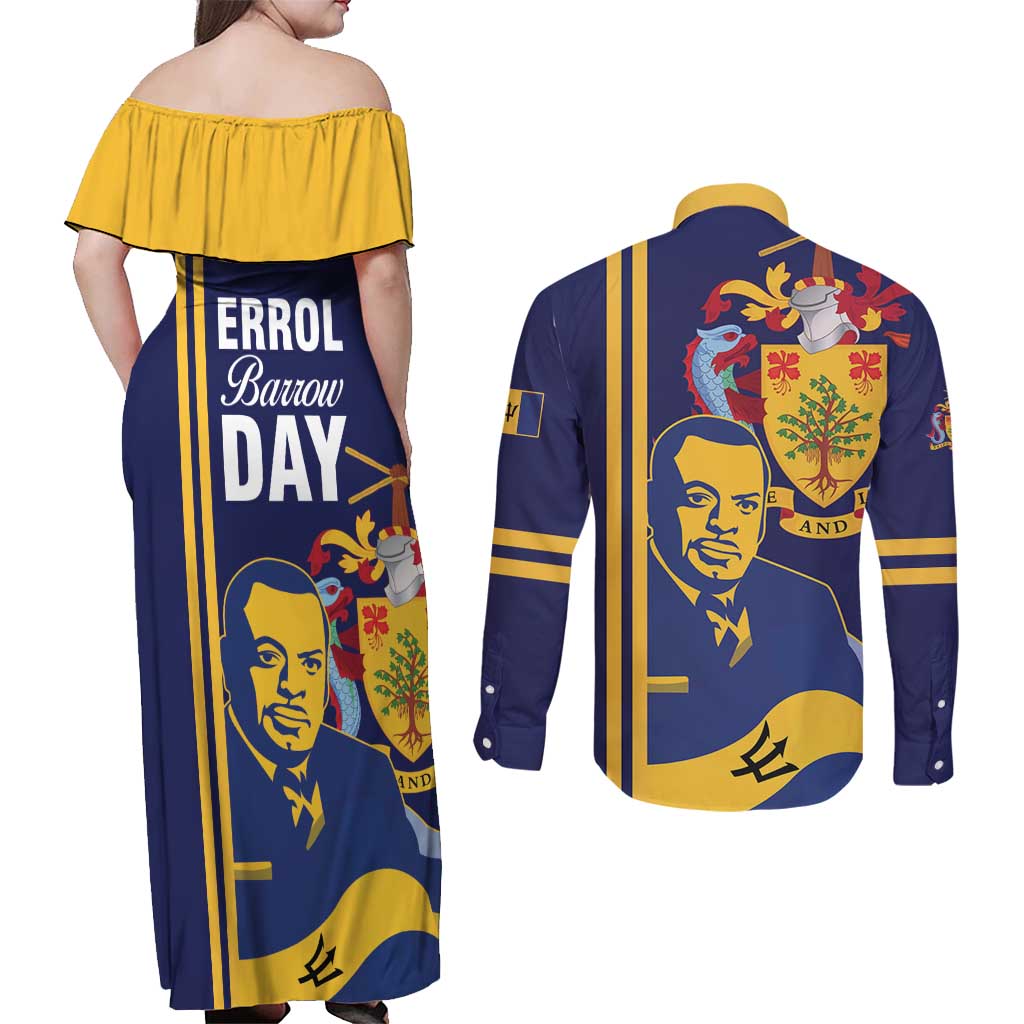Barbados Errol Barrow Day Couples Matching Off Shoulder Maxi Dress and Long Sleeve Button Shirt Barbadian Father of Independence