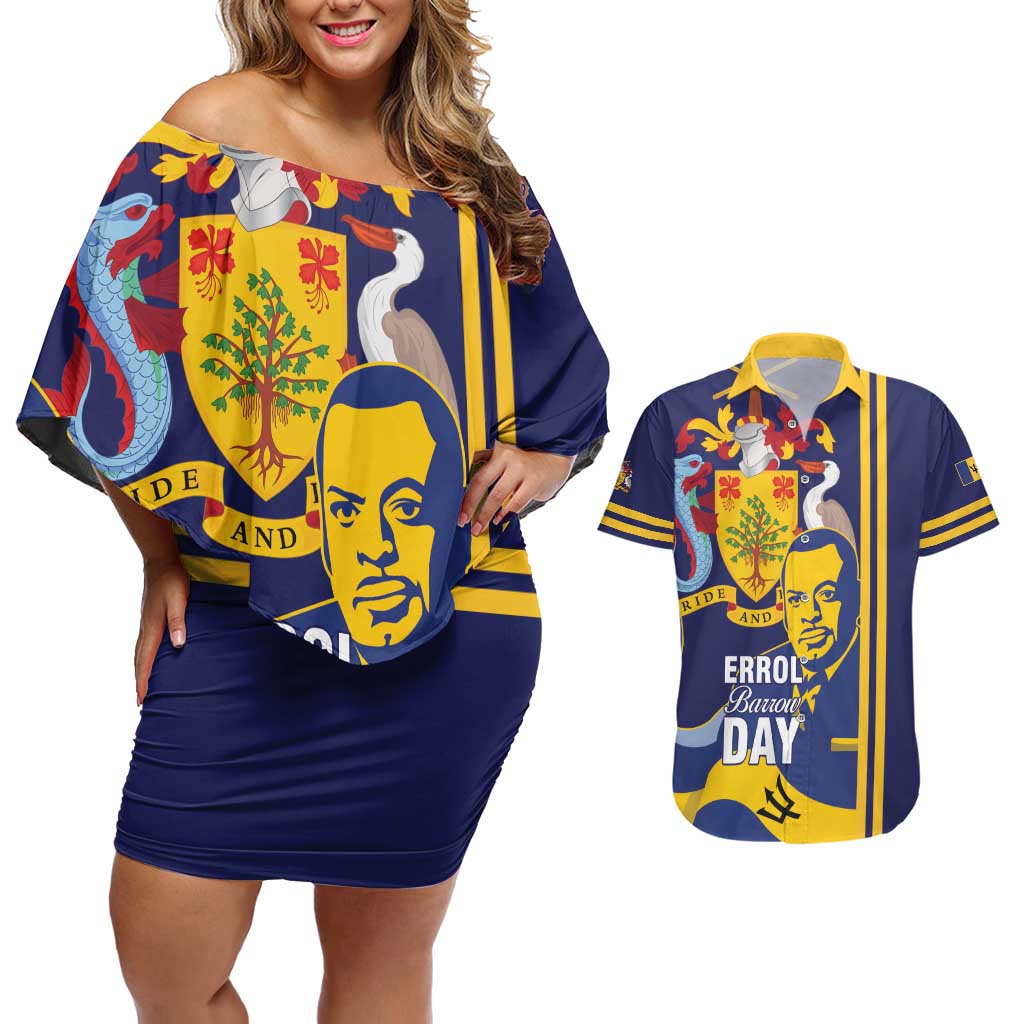 Barbados Errol Barrow Day Couples Matching Off Shoulder Short Dress and Hawaiian Shirt Barbadian Father of Independence