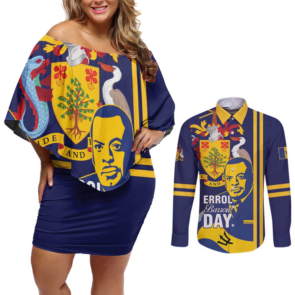 Barbados Errol Barrow Day Couples Matching Off Shoulder Short Dress and Long Sleeve Button Shirt Barbadian Father of Independence