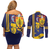 Barbados Errol Barrow Day Couples Matching Off Shoulder Short Dress and Long Sleeve Button Shirt Barbadian Father of Independence