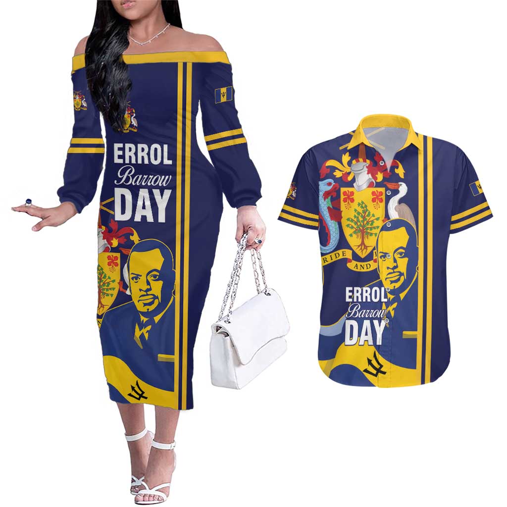 Barbados Errol Barrow Day Couples Matching Off The Shoulder Long Sleeve Dress and Hawaiian Shirt Barbadian Father of Independence