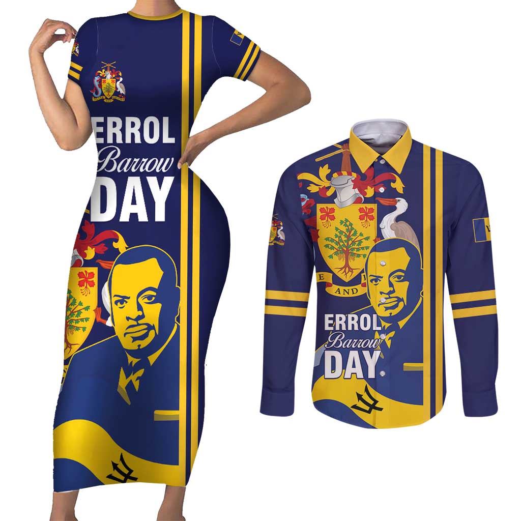 Barbados Errol Barrow Day Couples Matching Short Sleeve Bodycon Dress and Long Sleeve Button Shirt Barbadian Father of Independence