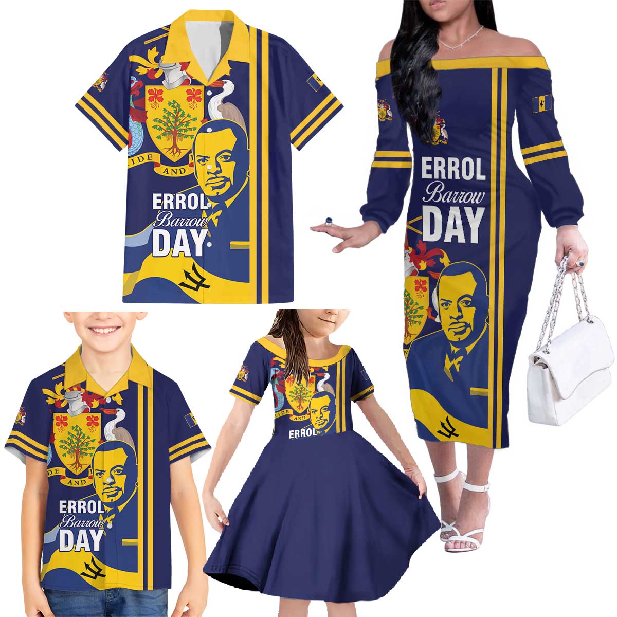 Barbados Errol Barrow Day Family Matching Off The Shoulder Long Sleeve Dress and Hawaiian Shirt Barbadian Father of Independence