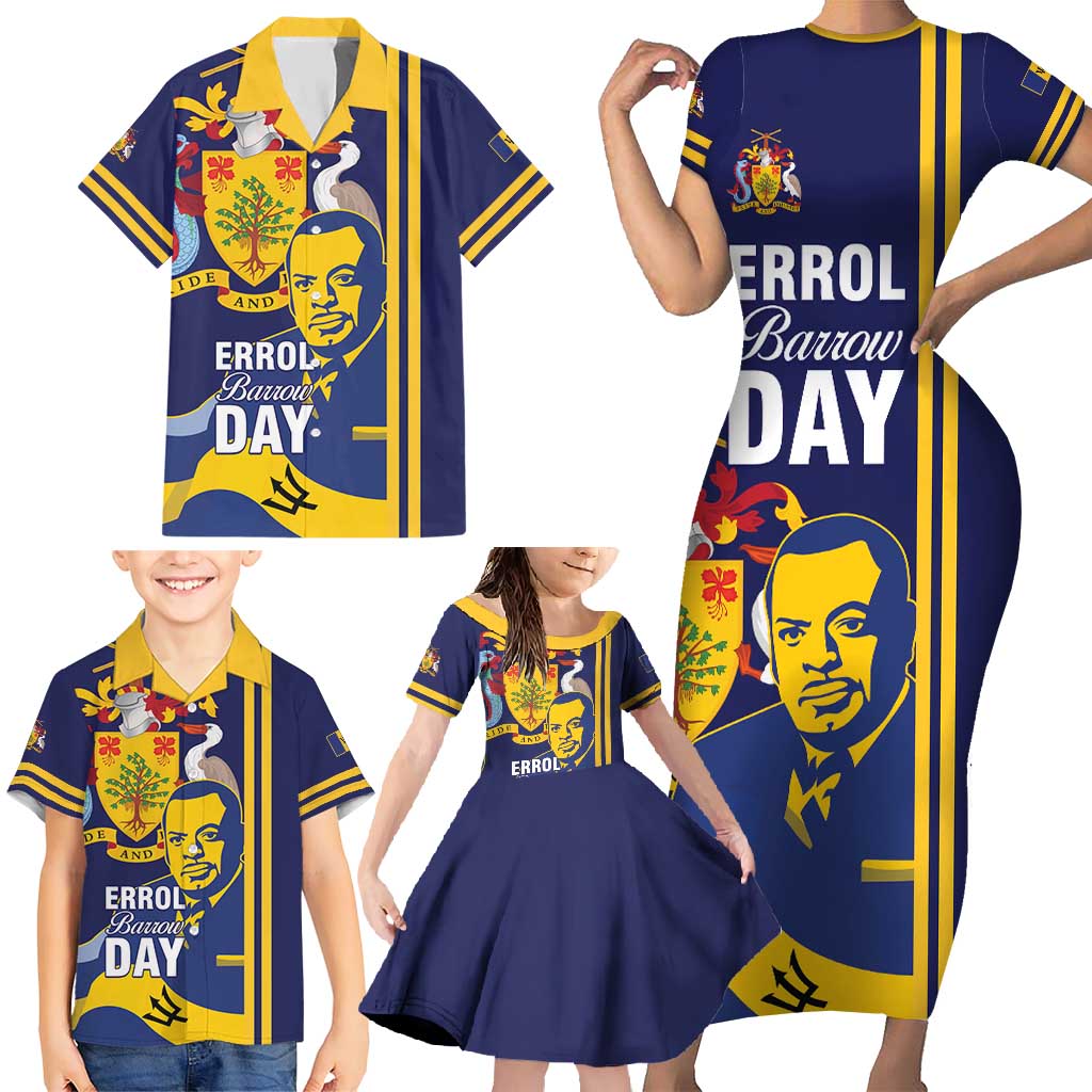 Barbados Errol Barrow Day Family Matching Short Sleeve Bodycon Dress and Hawaiian Shirt Barbadian Father of Independence