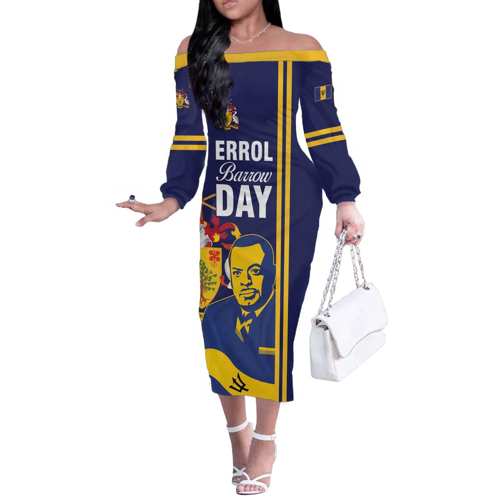 Barbados Errol Barrow Day Off The Shoulder Long Sleeve Dress Barbadian Father of Independence
