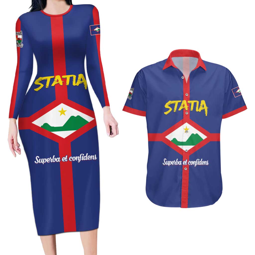 Personalised Statia Couples Matching Long Sleeve Bodycon Dress and Hawaiian Shirt Sint Eustatius Coat Of Arms