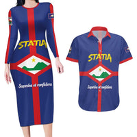 Personalised Statia Couples Matching Long Sleeve Bodycon Dress and Hawaiian Shirt Sint Eustatius Coat Of Arms