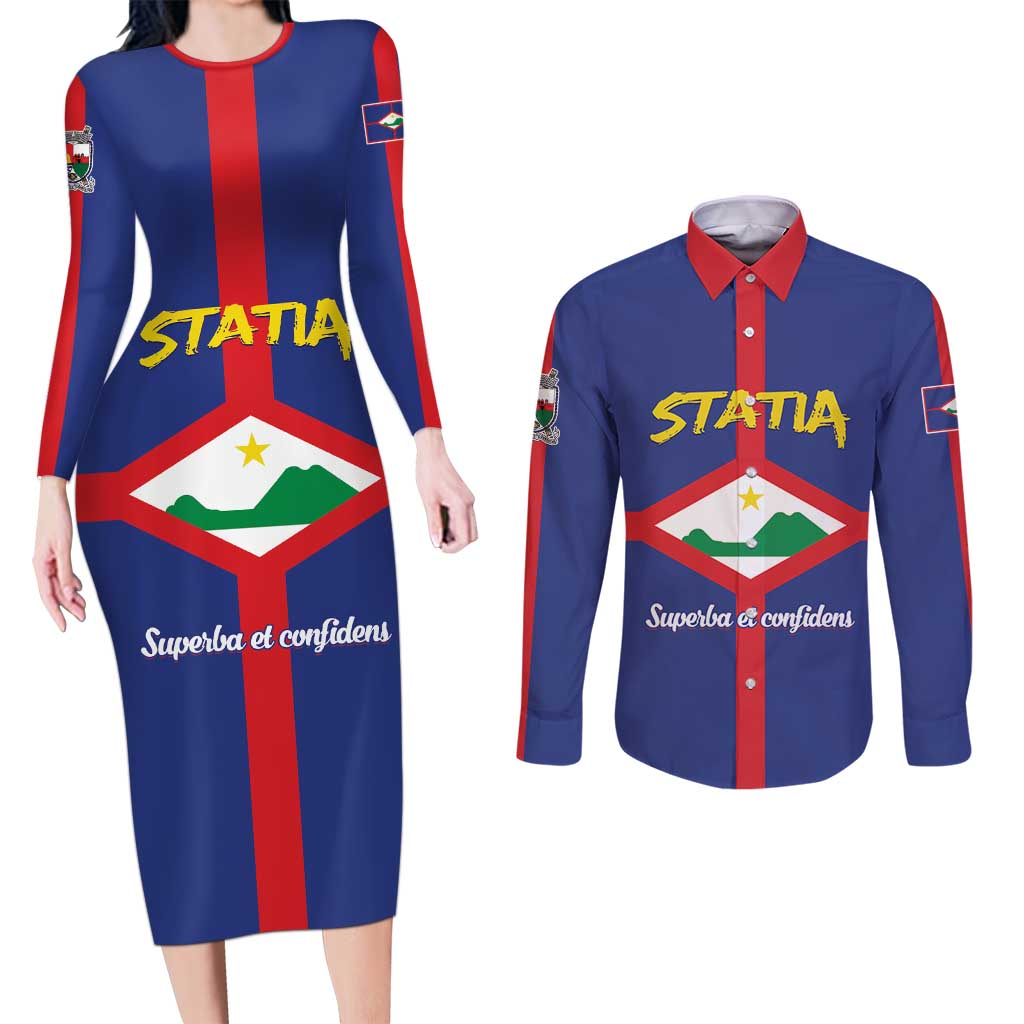 Personalised Statia Couples Matching Long Sleeve Bodycon Dress and Long Sleeve Button Shirt Sint Eustatius Coat Of Arms
