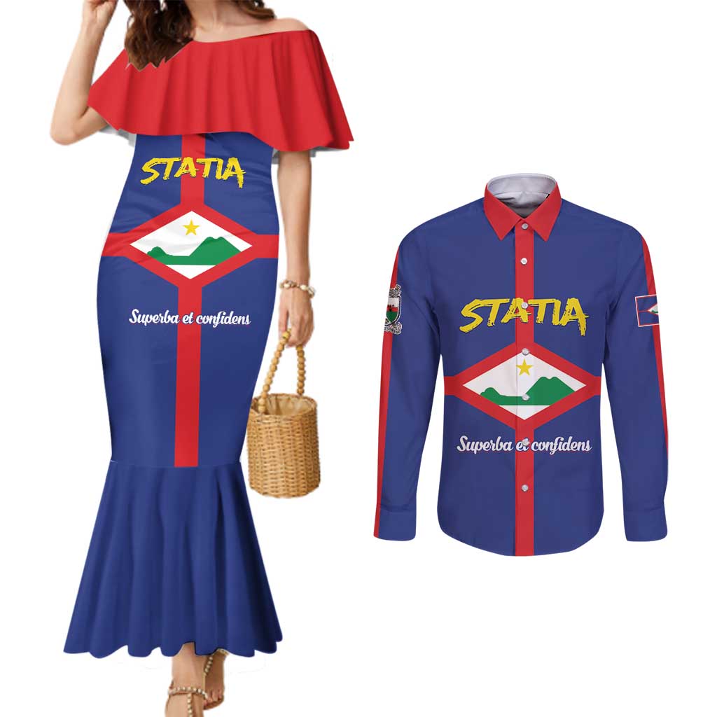 Personalised Statia Couples Matching Mermaid Dress and Long Sleeve Button Shirt Sint Eustatius Coat Of Arms