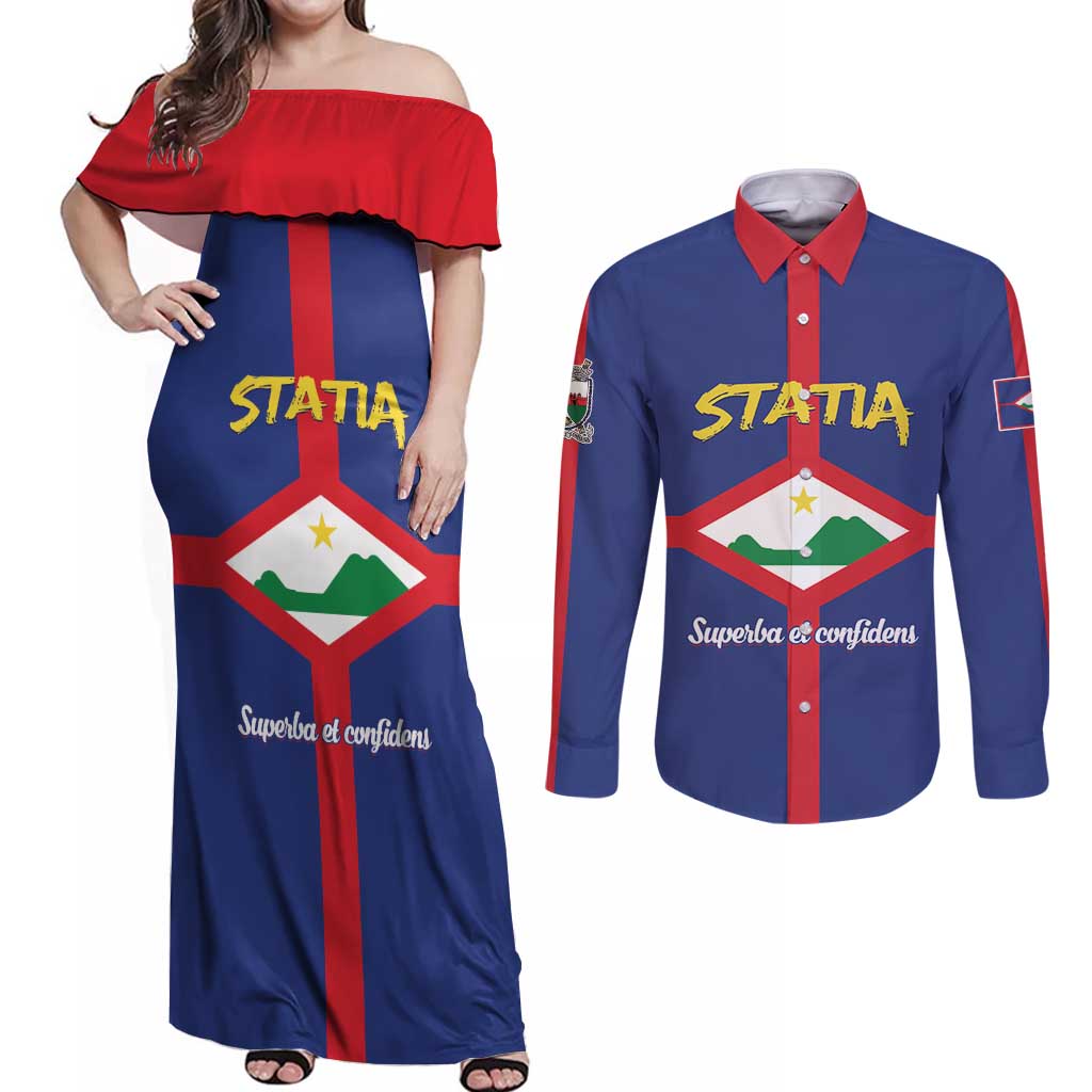 Personalised Statia Couples Matching Off Shoulder Maxi Dress and Long Sleeve Button Shirt Sint Eustatius Coat Of Arms