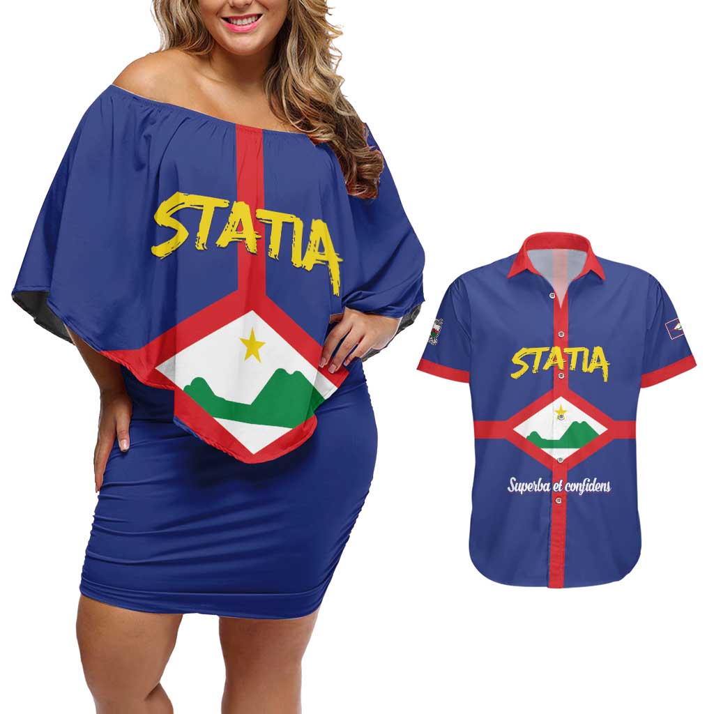 Personalised Statia Couples Matching Off Shoulder Short Dress and Hawaiian Shirt Sint Eustatius Coat Of Arms