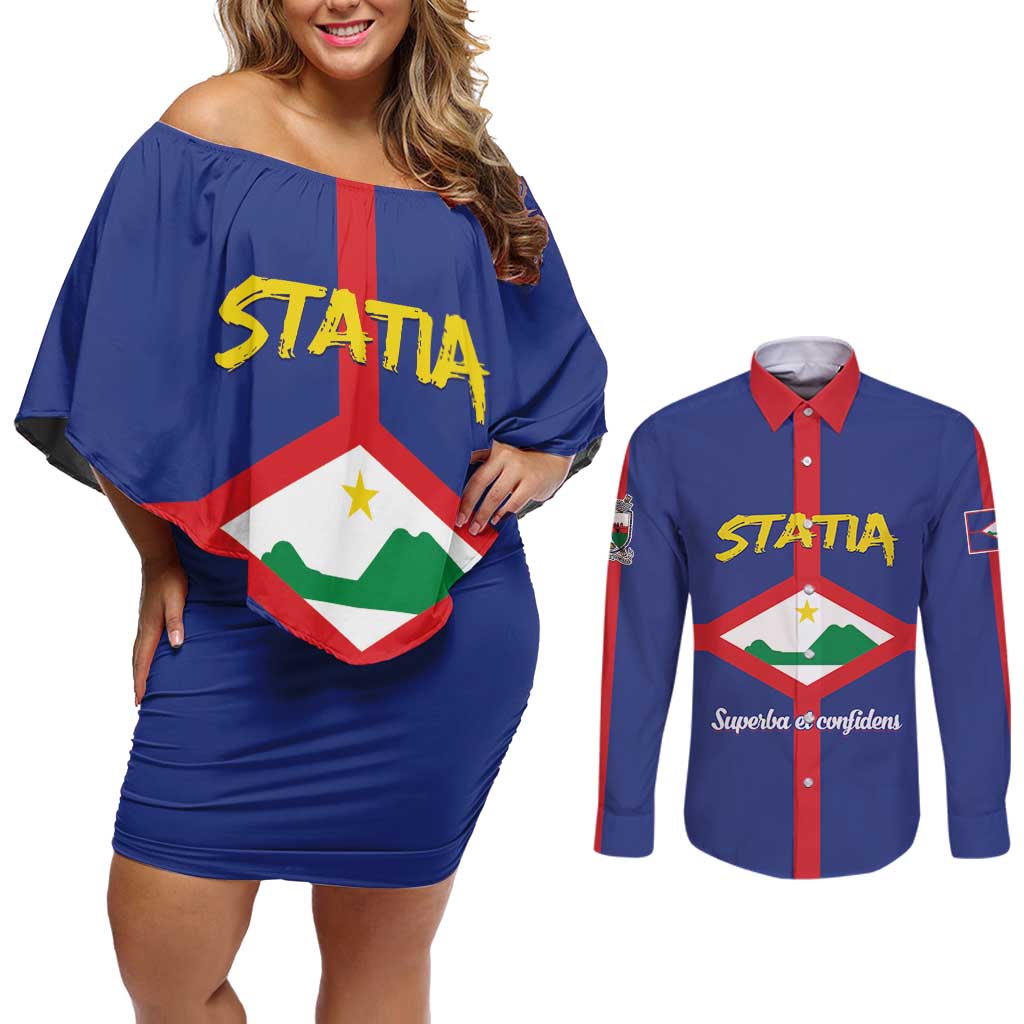 Personalised Statia Couples Matching Off Shoulder Short Dress and Long Sleeve Button Shirt Sint Eustatius Coat Of Arms
