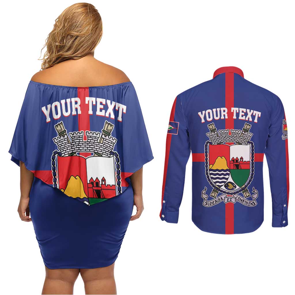 Personalised Statia Couples Matching Off Shoulder Short Dress and Long Sleeve Button Shirt Sint Eustatius Coat Of Arms