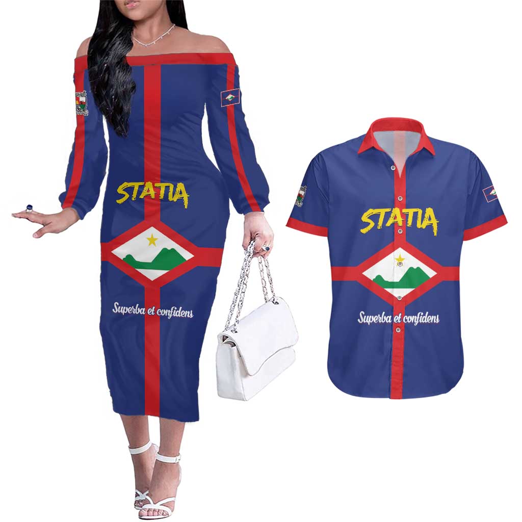 Personalised Statia Couples Matching Off The Shoulder Long Sleeve Dress and Hawaiian Shirt Sint Eustatius Coat Of Arms