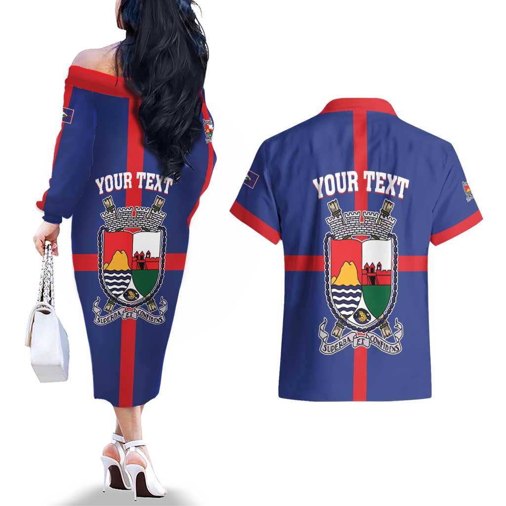 Personalised Statia Couples Matching Off The Shoulder Long Sleeve Dress and Hawaiian Shirt Sint Eustatius Coat Of Arms