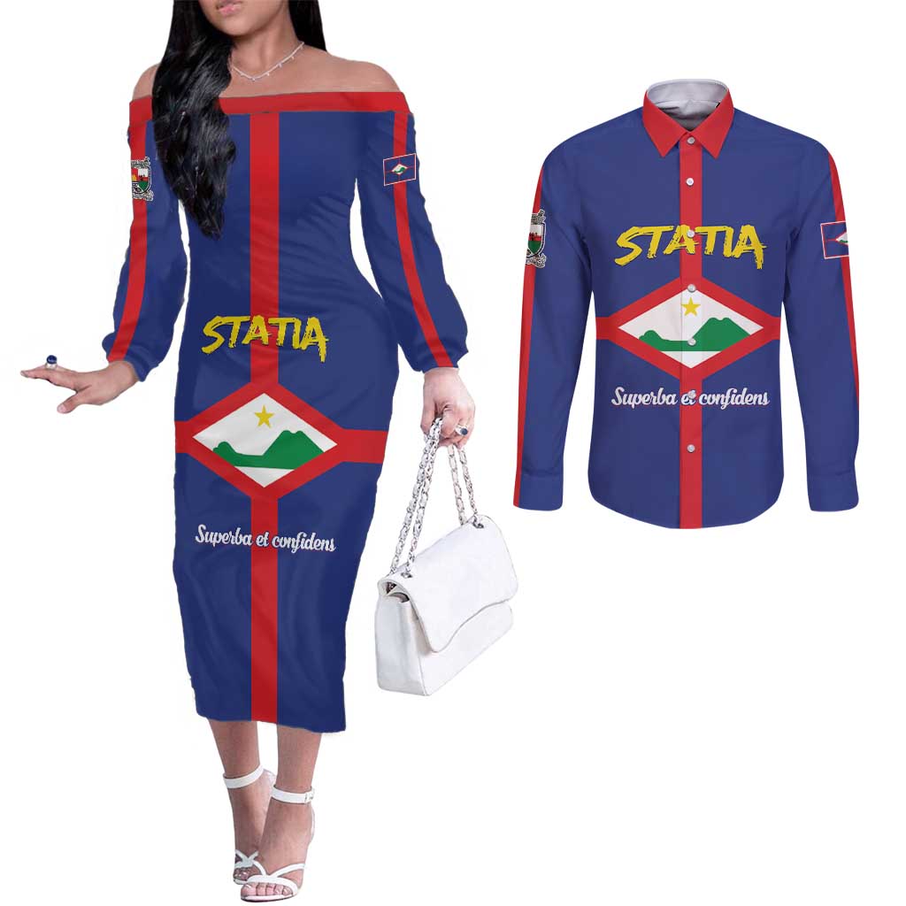 Personalised Statia Couples Matching Off The Shoulder Long Sleeve Dress and Long Sleeve Button Shirt Sint Eustatius Coat Of Arms