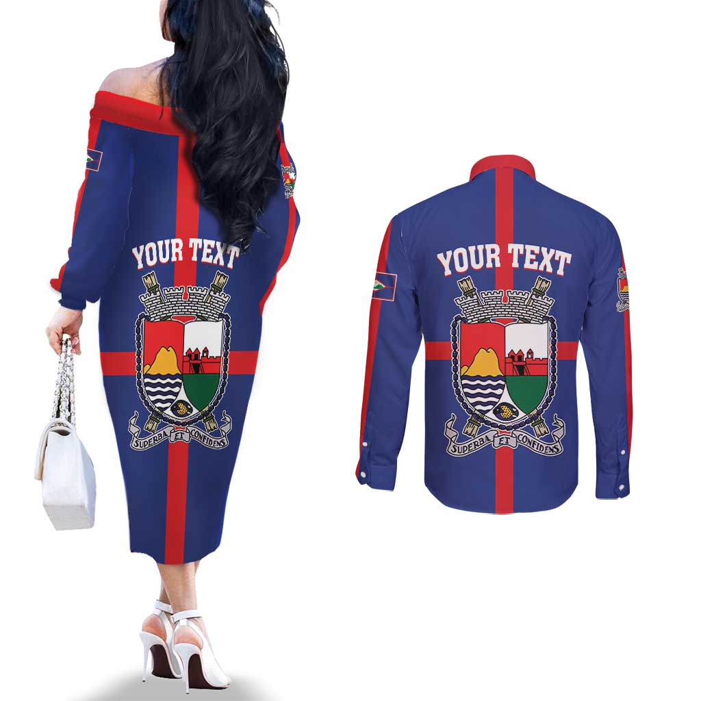Personalised Statia Couples Matching Off The Shoulder Long Sleeve Dress and Long Sleeve Button Shirt Sint Eustatius Coat Of Arms