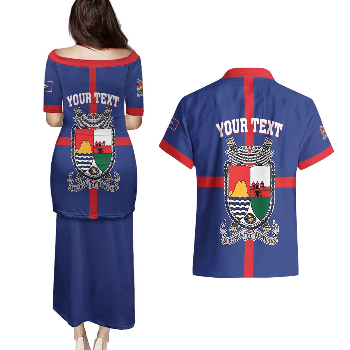 Personalised Statia Couples Matching Puletasi and Hawaiian Shirt Sint Eustatius Coat Of Arms
