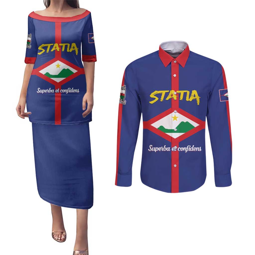 Personalised Statia Couples Matching Puletasi and Long Sleeve Button Shirt Sint Eustatius Coat Of Arms