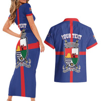 Personalised Statia Couples Matching Short Sleeve Bodycon Dress and Hawaiian Shirt Sint Eustatius Coat Of Arms