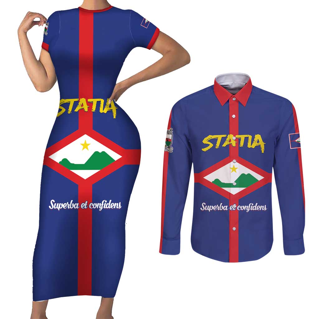Personalised Statia Couples Matching Short Sleeve Bodycon Dress and Long Sleeve Button Shirt Sint Eustatius Coat Of Arms