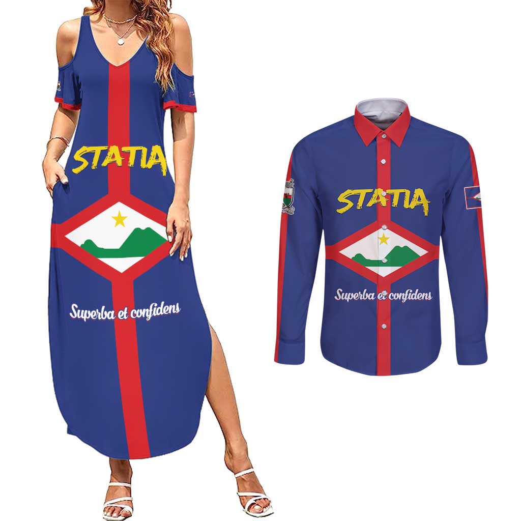 Personalised Statia Couples Matching Summer Maxi Dress and Long Sleeve Button Shirt Sint Eustatius Coat Of Arms