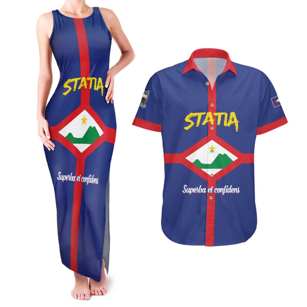 Personalised Statia Couples Matching Tank Maxi Dress and Hawaiian Shirt Sint Eustatius Coat Of Arms