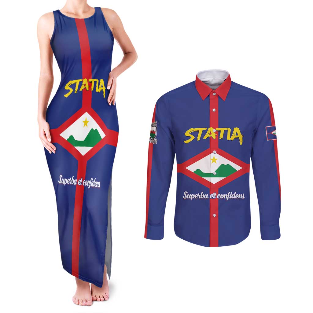 Personalised Statia Couples Matching Tank Maxi Dress and Long Sleeve Button Shirt Sint Eustatius Coat Of Arms