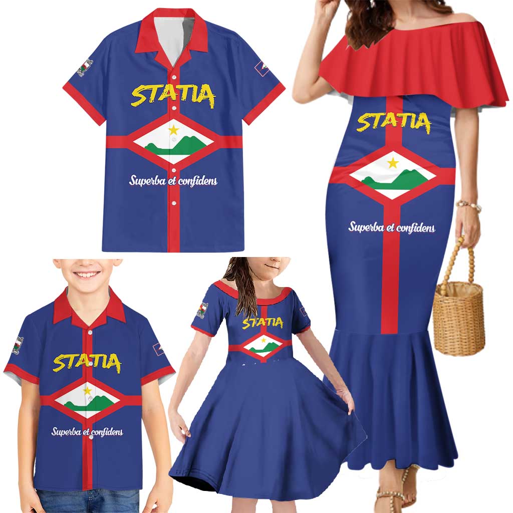 Personalised Statia Family Matching Mermaid Dress and Hawaiian Shirt Sint Eustatius Coat Of Arms