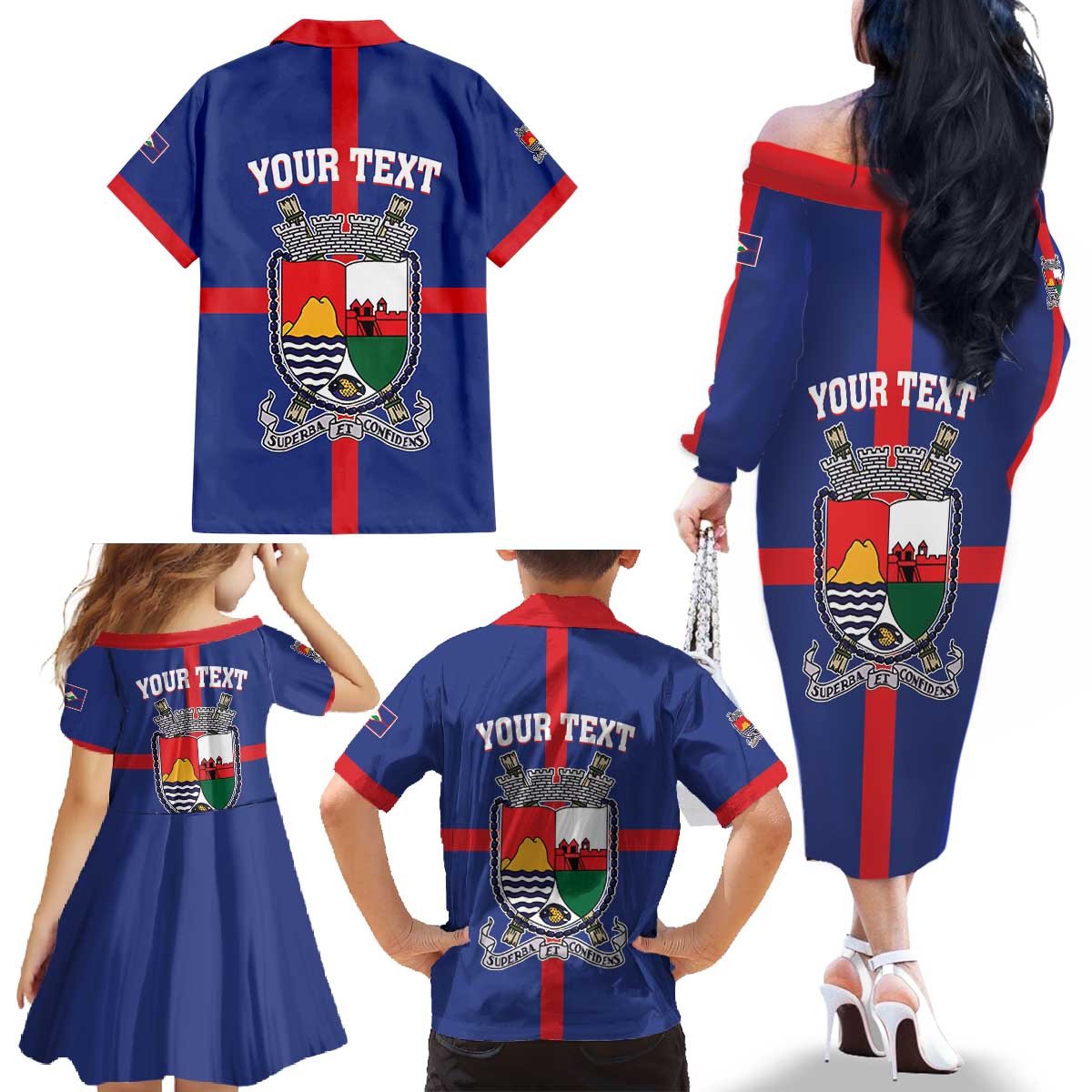 Personalised Statia Family Matching Off The Shoulder Long Sleeve Dress and Hawaiian Shirt Sint Eustatius Coat Of Arms