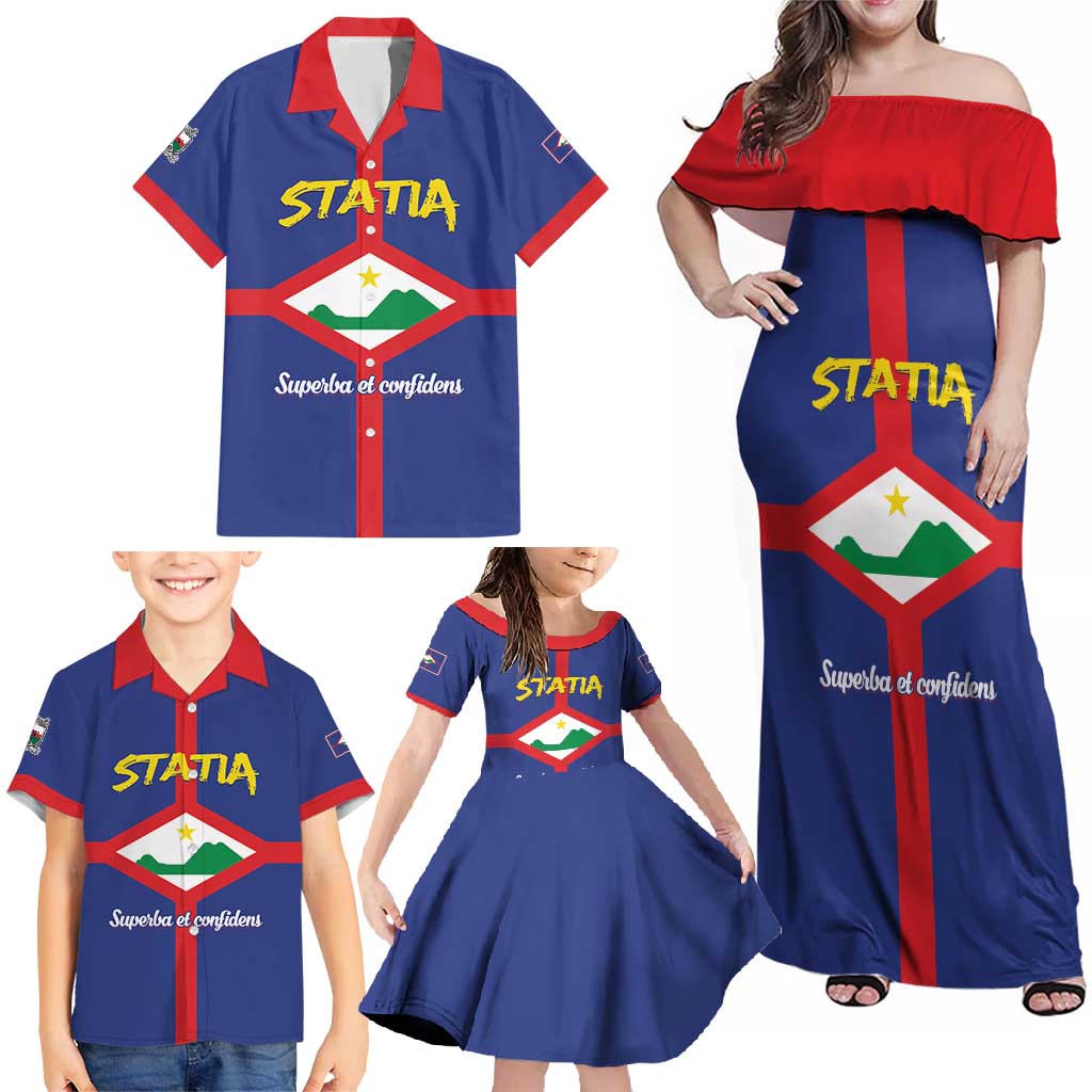 Personalised Statia Family Matching Off Shoulder Maxi Dress and Hawaiian Shirt Sint Eustatius Coat Of Arms